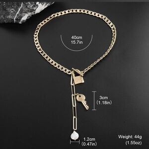 Gold Chain Necklace with Lock and Key Pendant